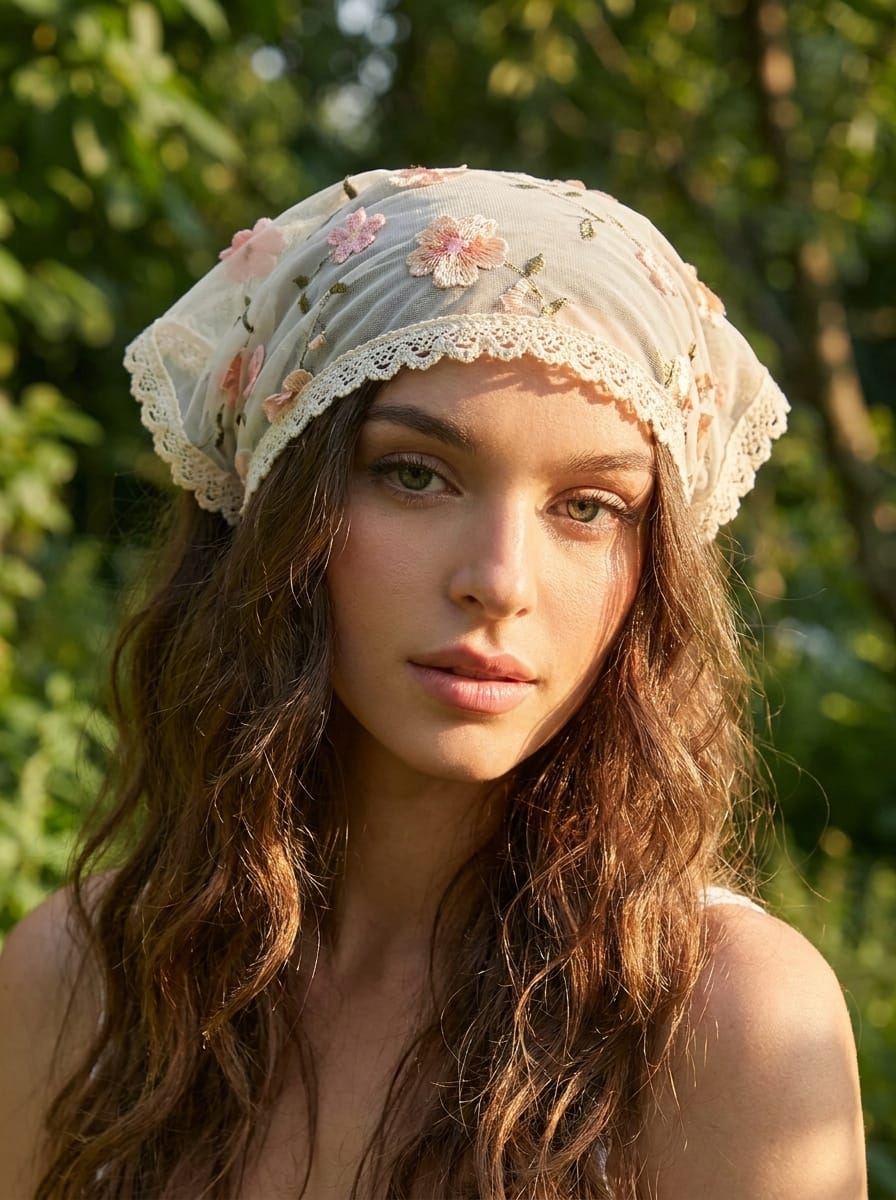 Woman in a soft garden setting wearing a floral cotton bandana tied at the crown for a cottagecore aesthetic