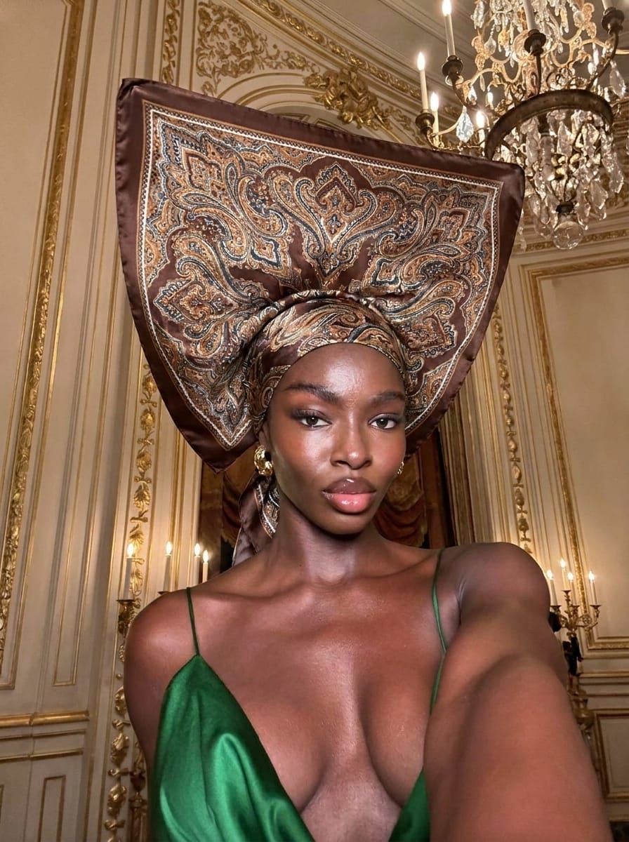 Black woman with rich deep brown skin wearing a large 35-inch emerald green satin square bandana folded into a regal full head wrap with a structured front fold, opulent gold-accented interior backdrop with dramatic dramatic candlelight