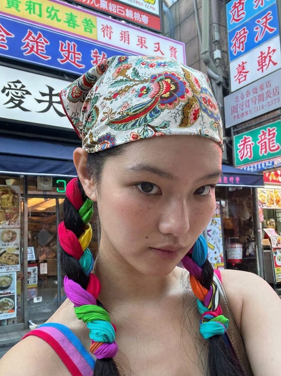 East Asian woman with porcelain skin and bright colorful hair accessories wearing a multicolored 22x22 cotton bandana styled as a bold maximalist headband with knot at the crown, vibrant Harajuku Tokyo street backdrop with neon signage and saturated candy colors