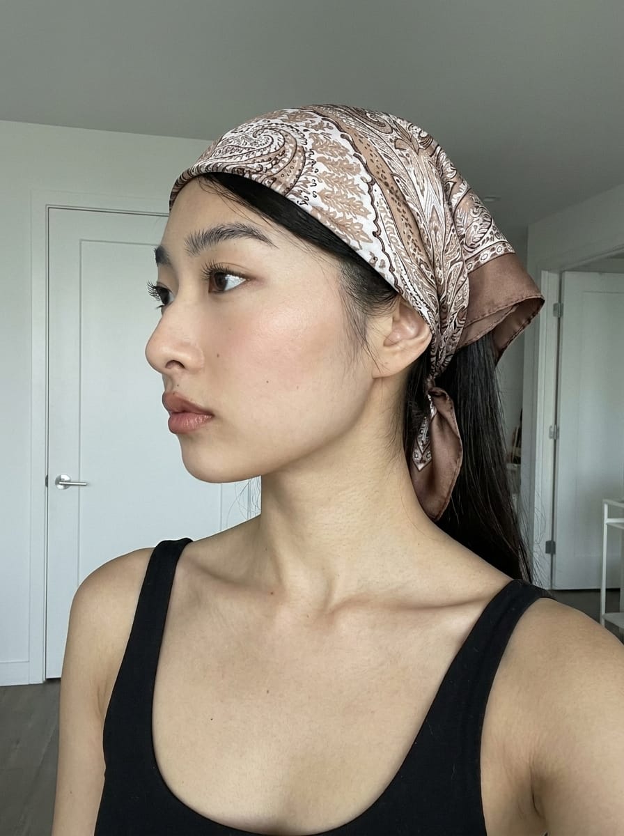 East Asian woman with porcelain cool-toned skin and pin-straight glossy black hair wearing a thin folded satin silk bandana as a delicate narrow headband, soft minimalist Seoul apartment backdrop with white walls and natural light