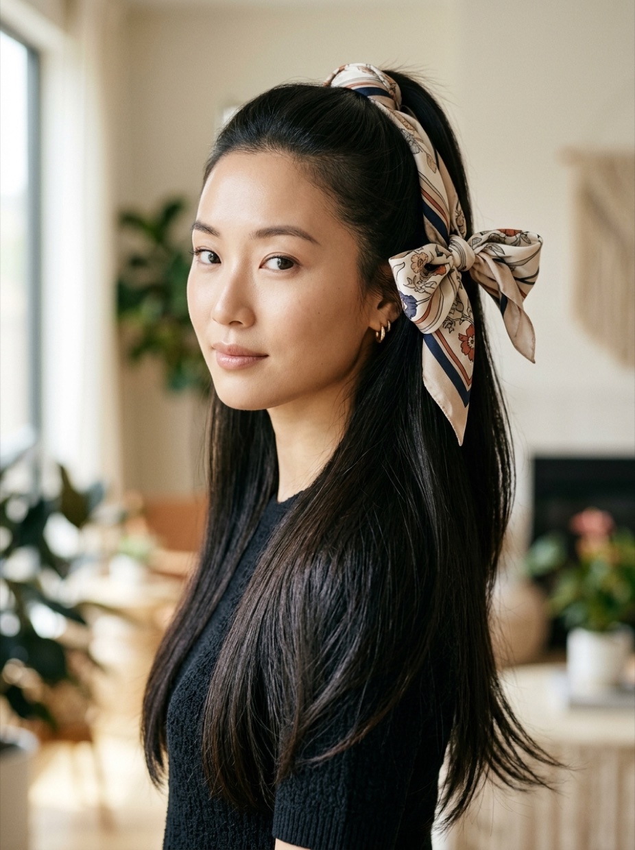 Woman with long wavy hair wearing a silk square bandana as a half-up wrap