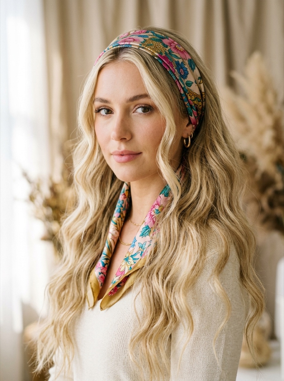 White woman with long beach waves wearing a satin silk-like bandana folded as a wide headband