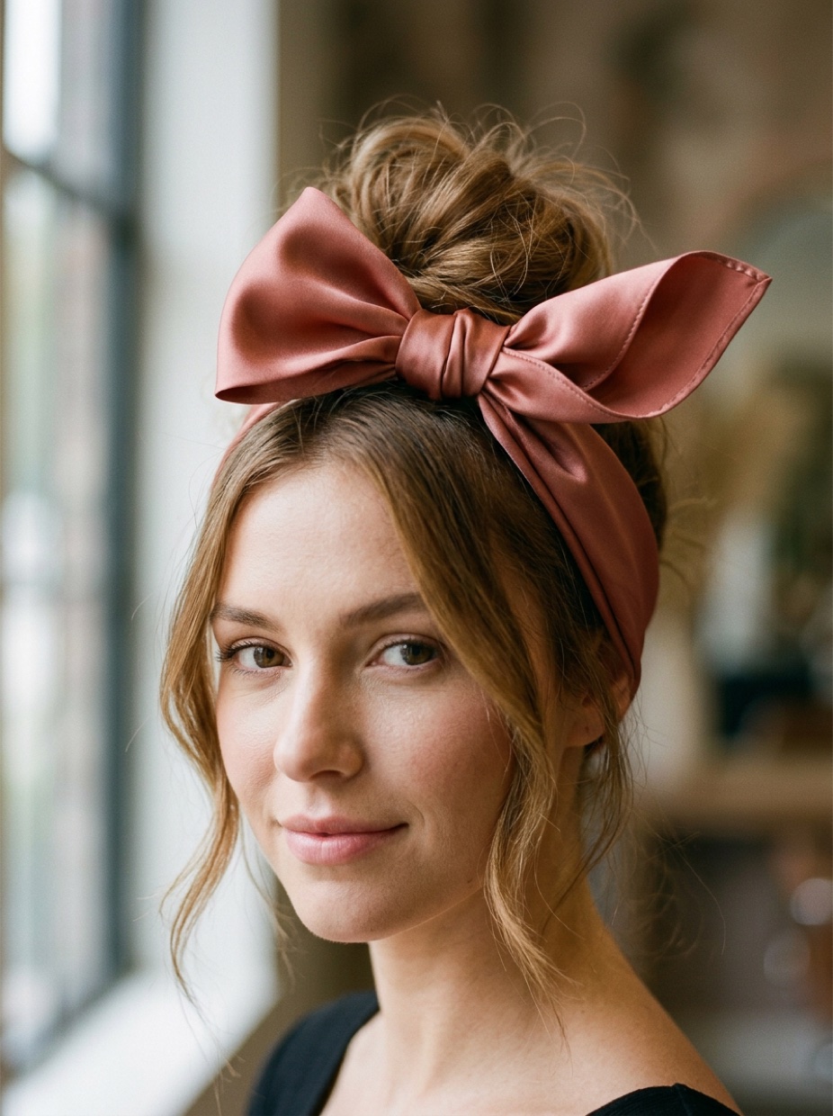 White woman with long light brown hair in a messy bun with a satin bandana tied in a large bow at the top