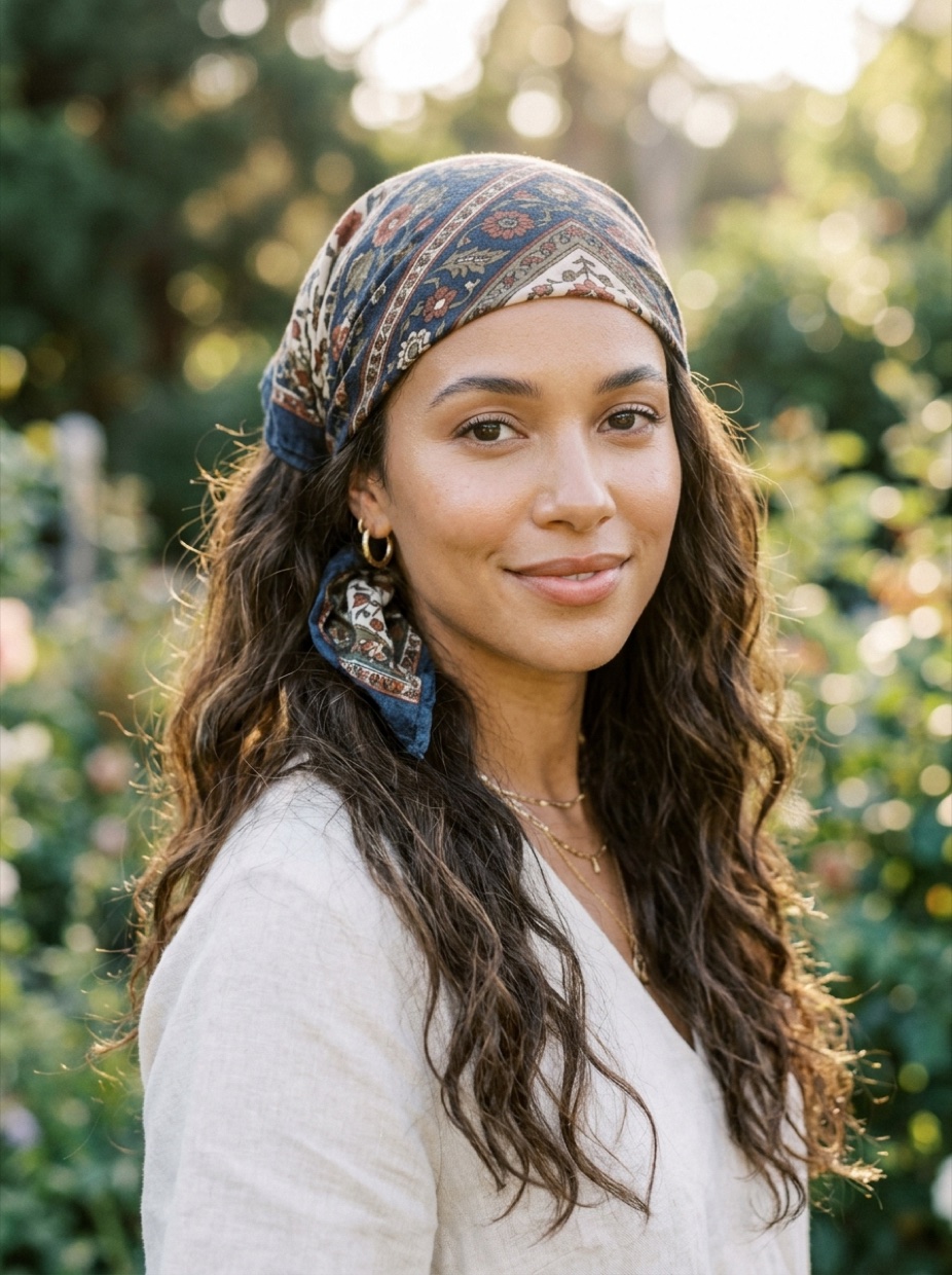 Mixed-race woman with long loose wavy hair in a boho half-up with a printed square bandana tied across the forehead