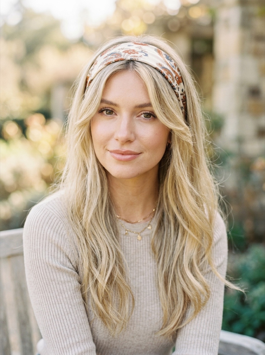 White woman with long curtain-parted hair wearing a silk-feel satin bandana as a headband set back from the face