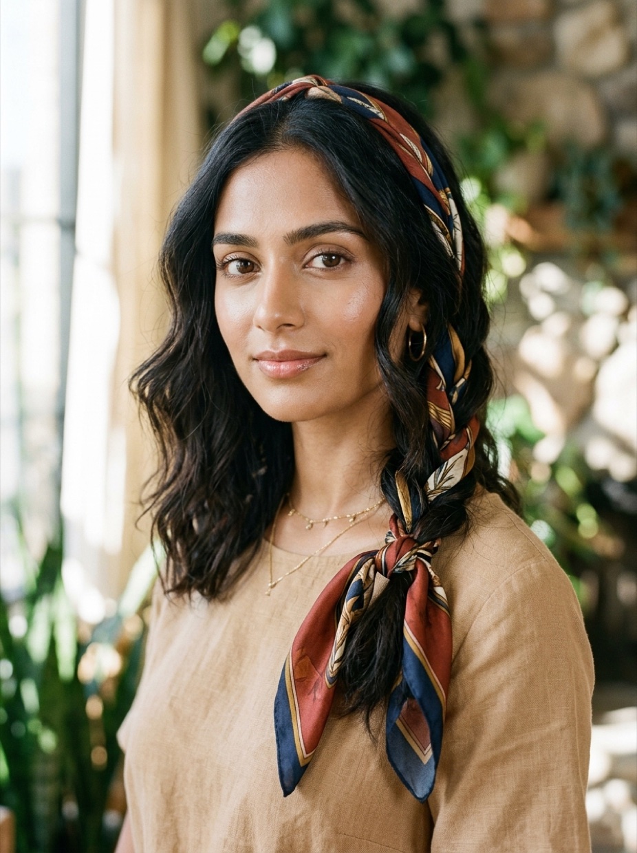 South Asian woman with long lob wearing a luxurious silk-feeling 58 inch skinny scarf loosely wrapped around her hair