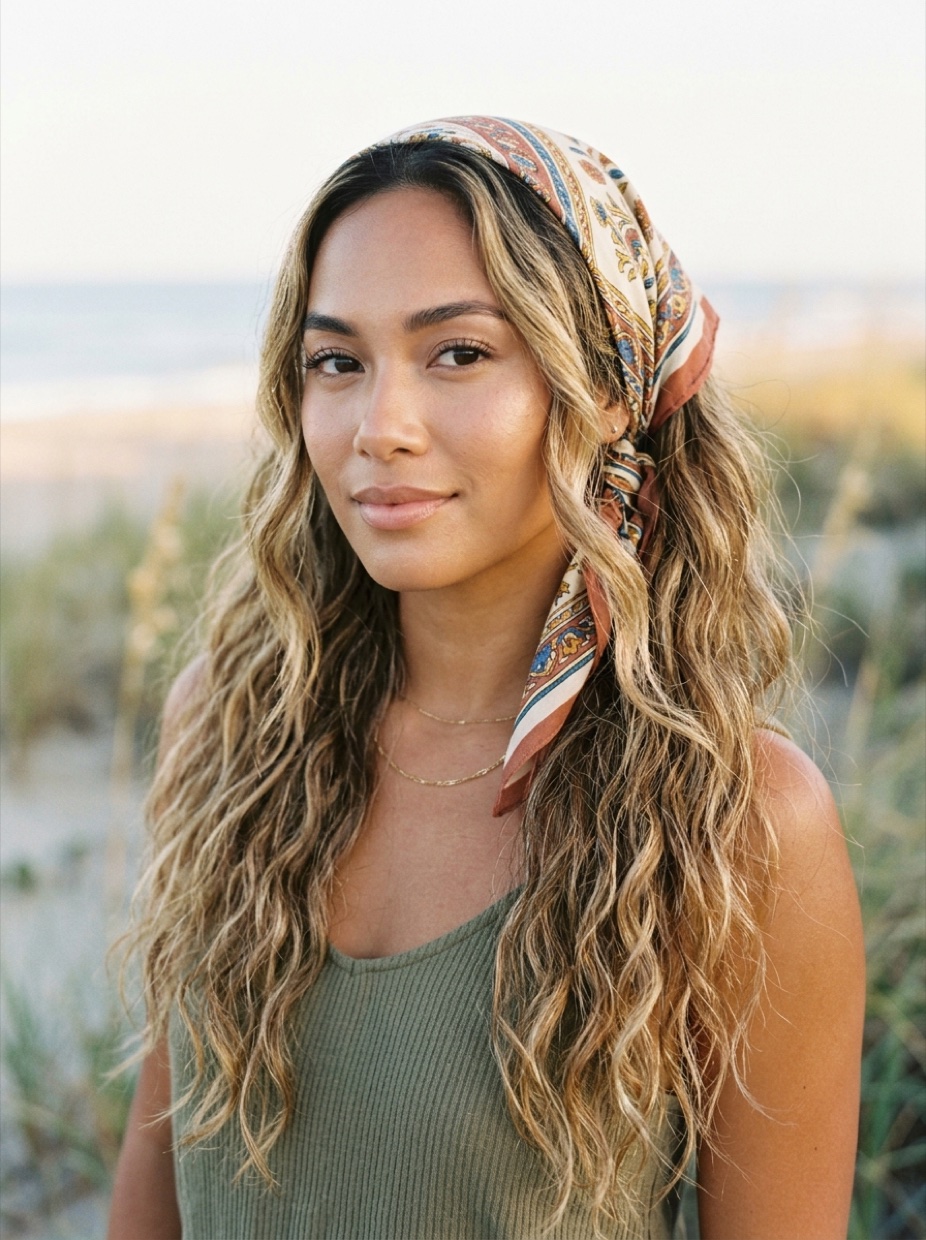 Mixed-race woman with long sun-kissed wavy hair wearing a cotton bandana tied loosely at the nape in surfer style