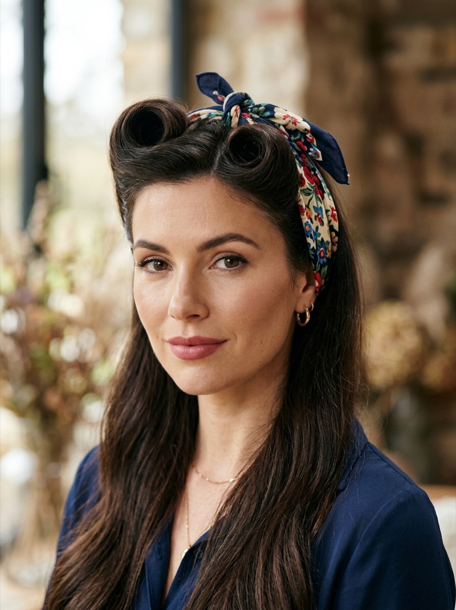 White woman with long dark hair styled in vintage victory rolls at the front with a printed square bandana tied at the back