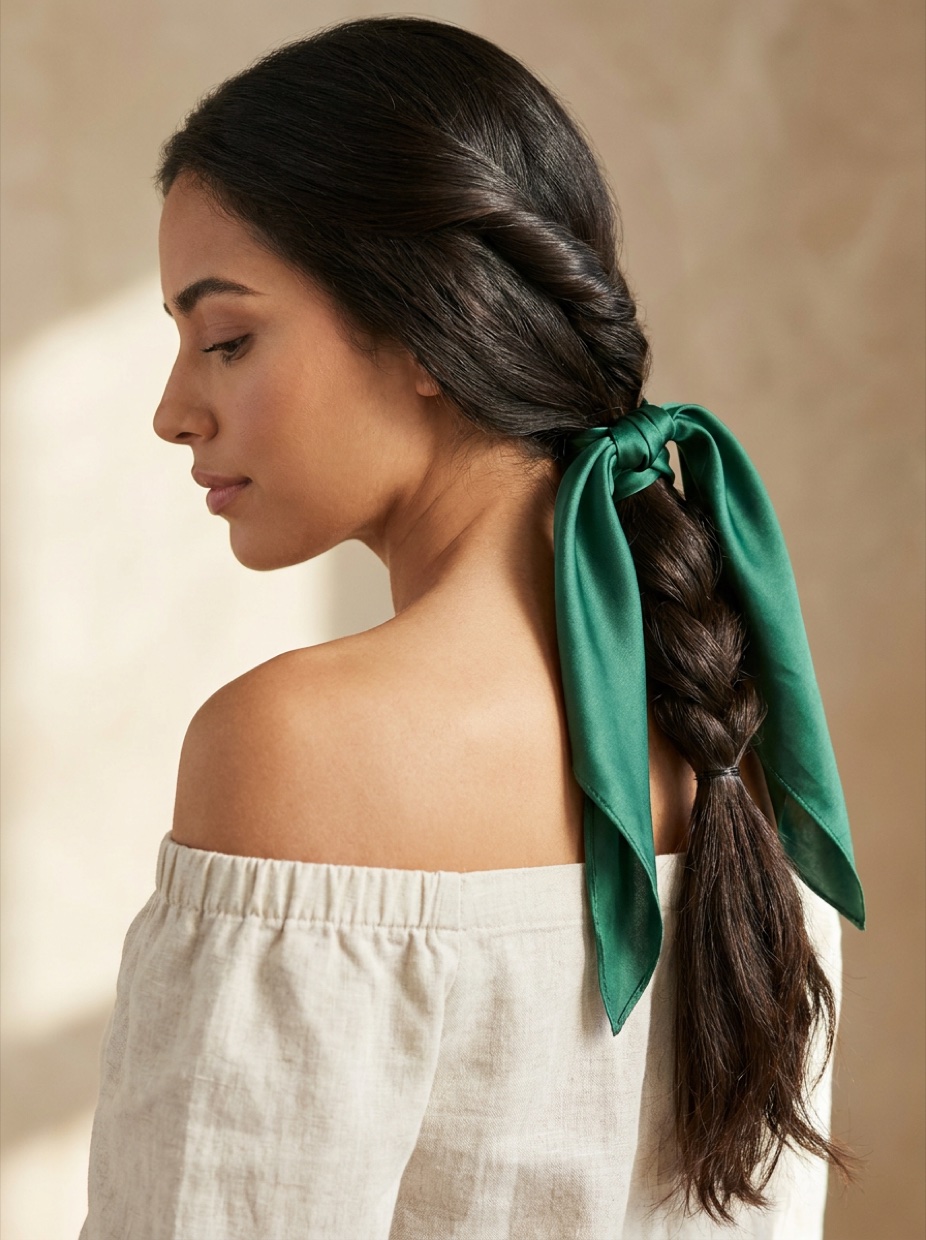 Latina woman with long dark hair in a rope twist ponytail with a green satin bandana wrapped around the base