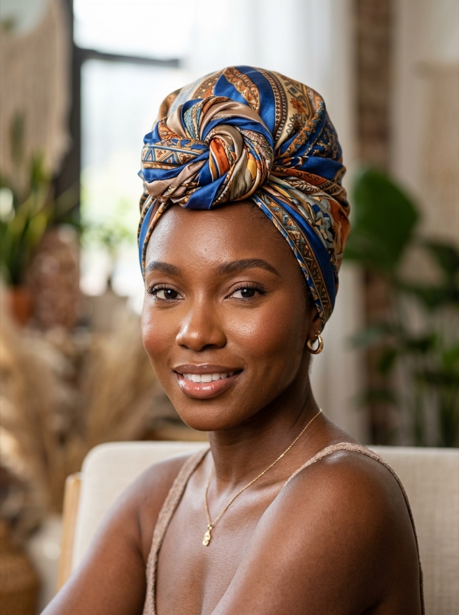 Black woman with long natural 4C hair fully wrapped in a large satin square bandana with a front knot