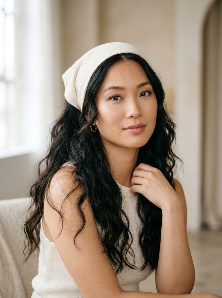 East Asian woman with long loose waves wearing a wide 27x27 inch cotton bandana folded into a thick headband