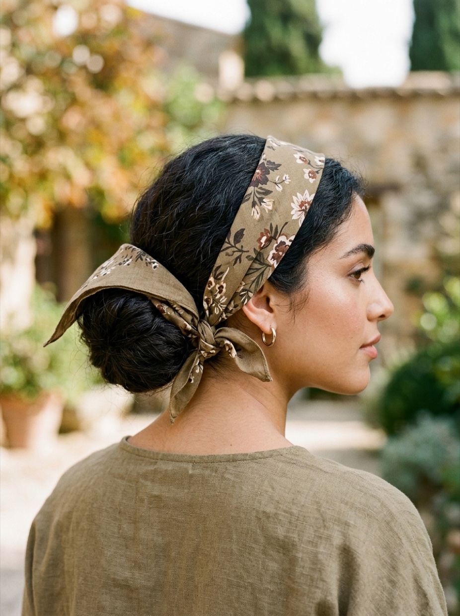 Latina woman with long dark hair pulled into a low bun with a boho triangle bandana tied around the base