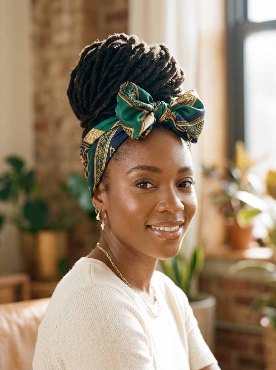 Black woman with long locs piled into a high updo with a satin bandana wrapped around the base of the updo