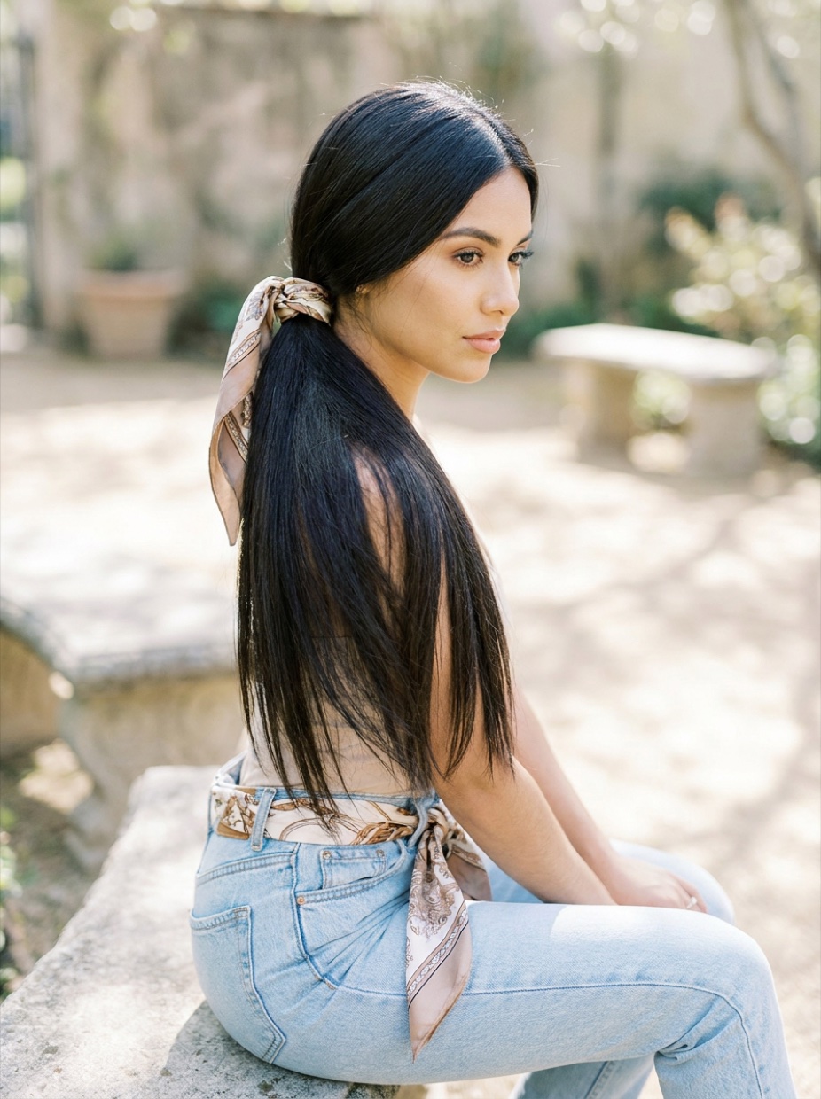 Latina woman with long straight dark hair in a low ponytail, and a matching silk-like bandana tied as a belt on her jeans