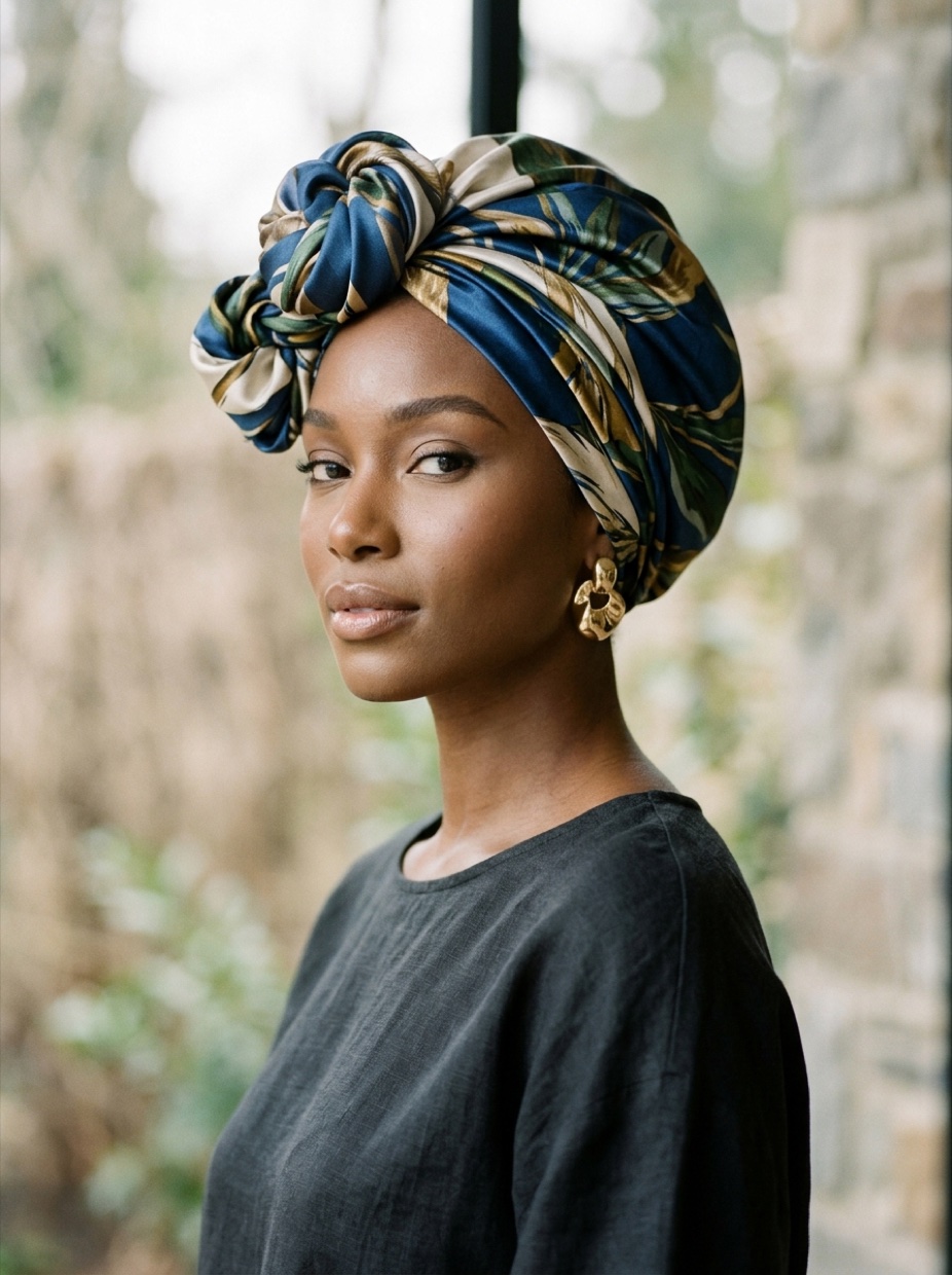 Black woman with long relaxed hair completely tucked under a large satin bandana wrap styled with a side knot