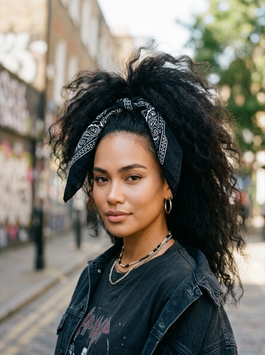 Mixed-race woman with long voluminous hair in a high 90s ponytail with a Y2K punk bandana knotted at the base
