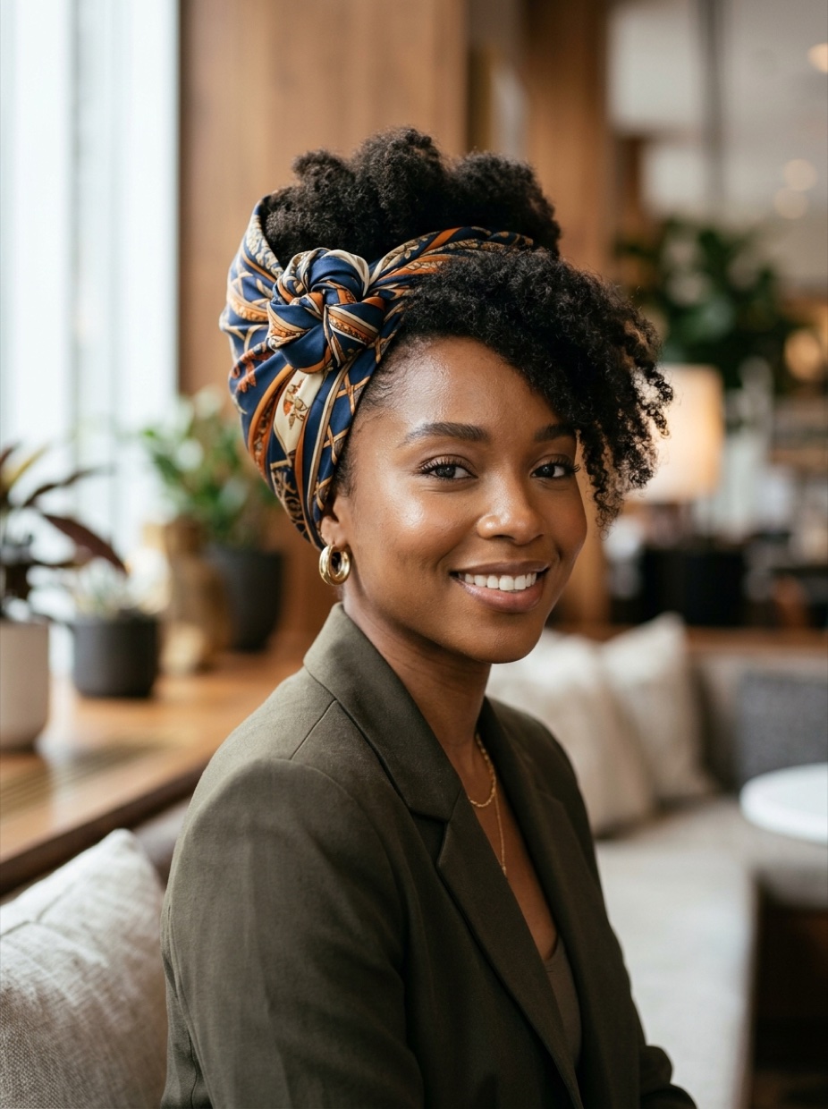 Black woman with long natural hair wearing a satin sleeping wrap styled as a chic daytime headscarf