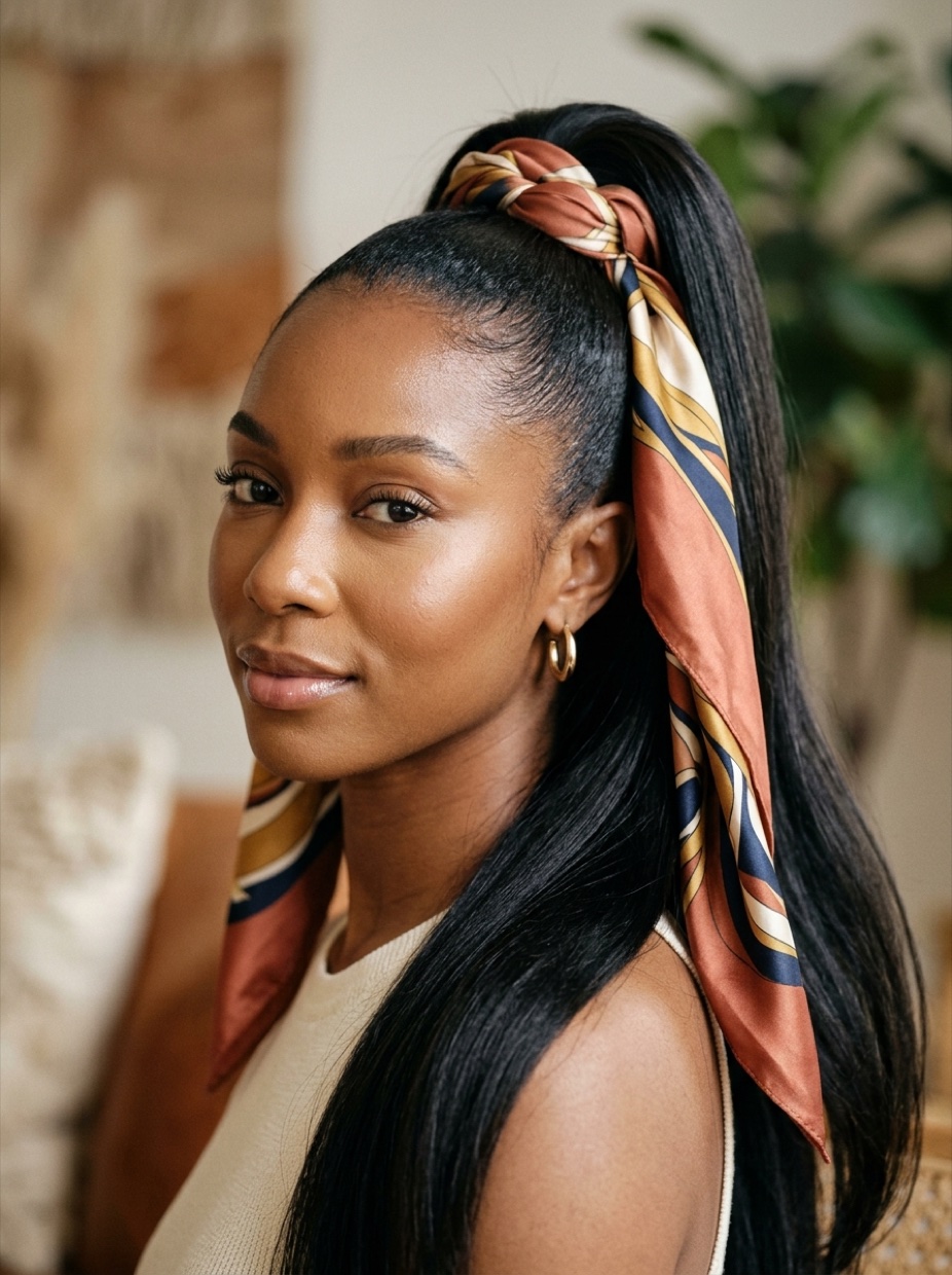 Black woman with long relaxed hair pulled into a high ponytail with a large satin bandana tied at the base, tails hanging down