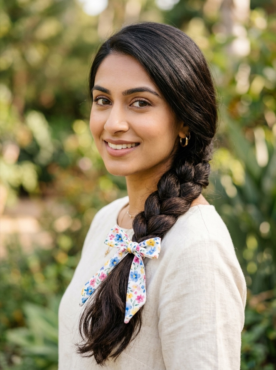 South Asian woman with long thick hair in a side braid with a floral cotton bandana tied at the end