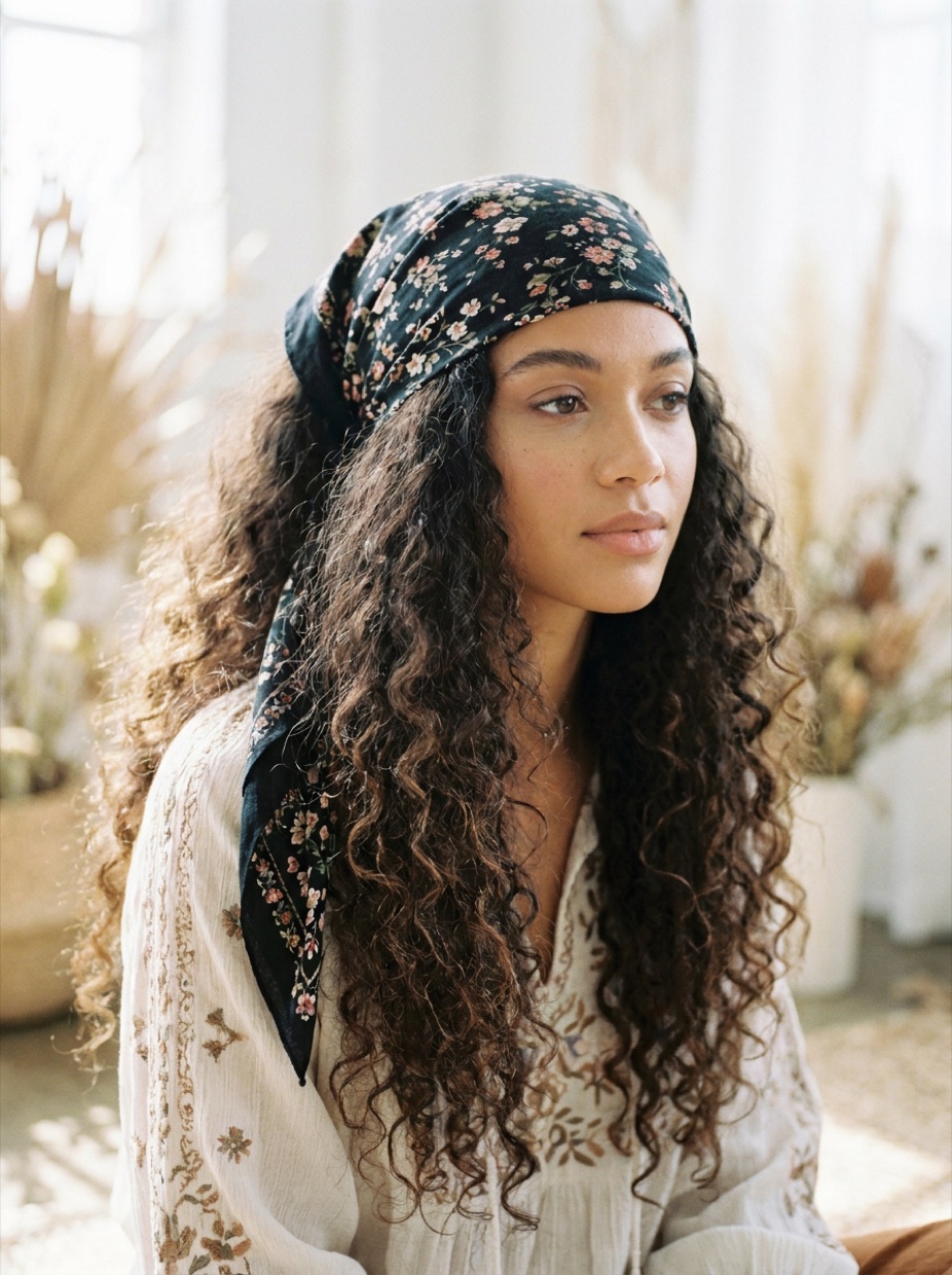 Mixed-race woman with long loose natural curls wearing a floral boho triangle bandana wrapped at the forehead