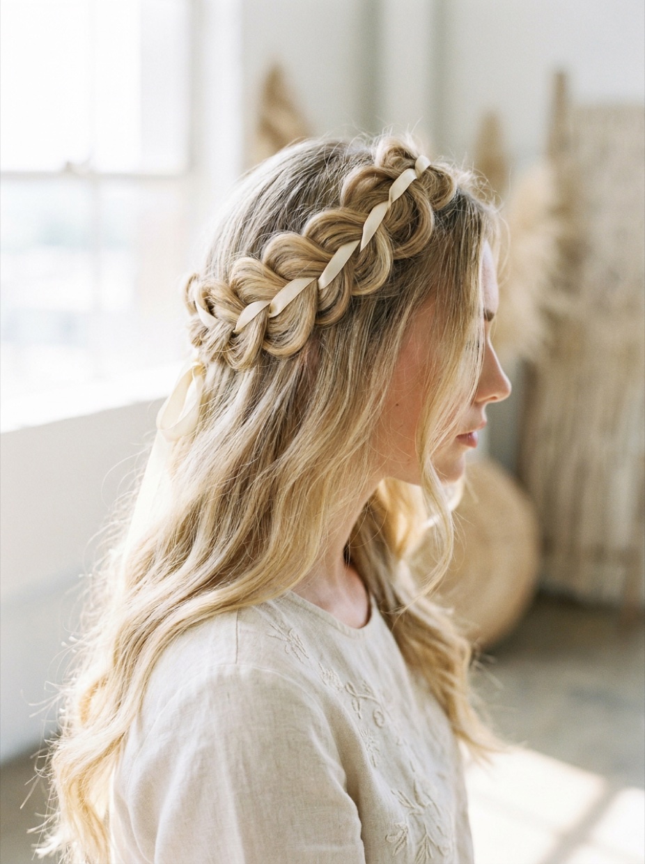 White woman with long blonde hair in a braided crown with a satin silk bandana woven through the braid