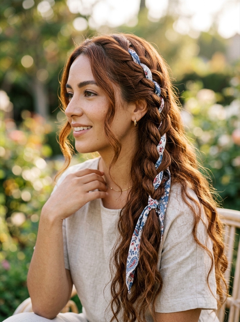 Latina woman with long auburn wavy hair with a waterfall braid accented by a soft cotton bandana strip woven through