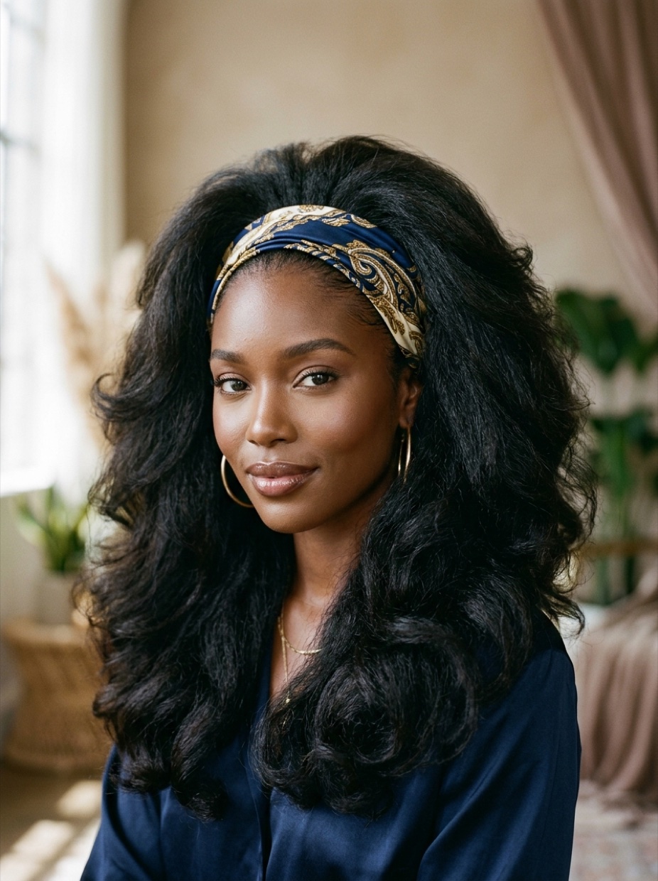 Black woman with long voluminous blowout wearing a large satin bandana folded into a wide headband