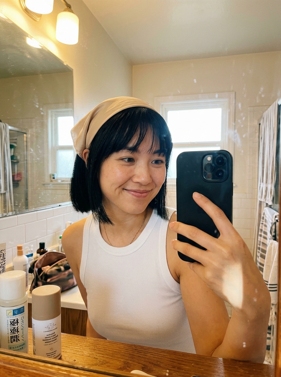 Woman with short bob wearing a silk square bandana as a headband