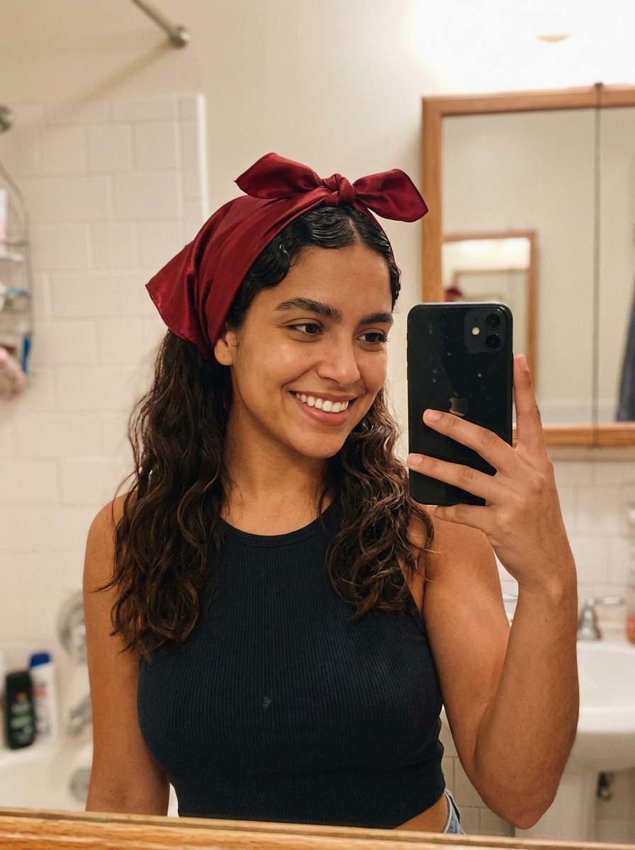 Latina woman with short finger-waved hair wearing a large satin VBAEI bandana tied high at the crown in a 90s style