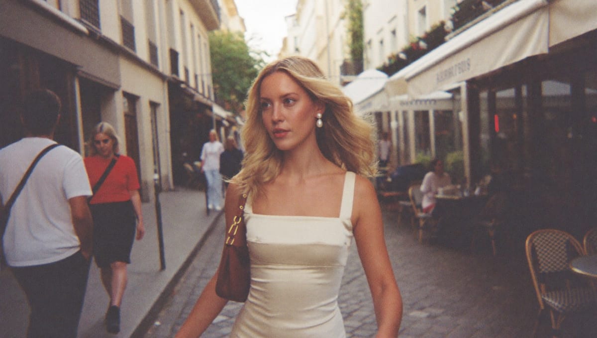 Woman in a cream linen midi dress with gold pearl earrings, standing on a limestone villa terrace, golden afternoon light, classic summer old money aesthetic