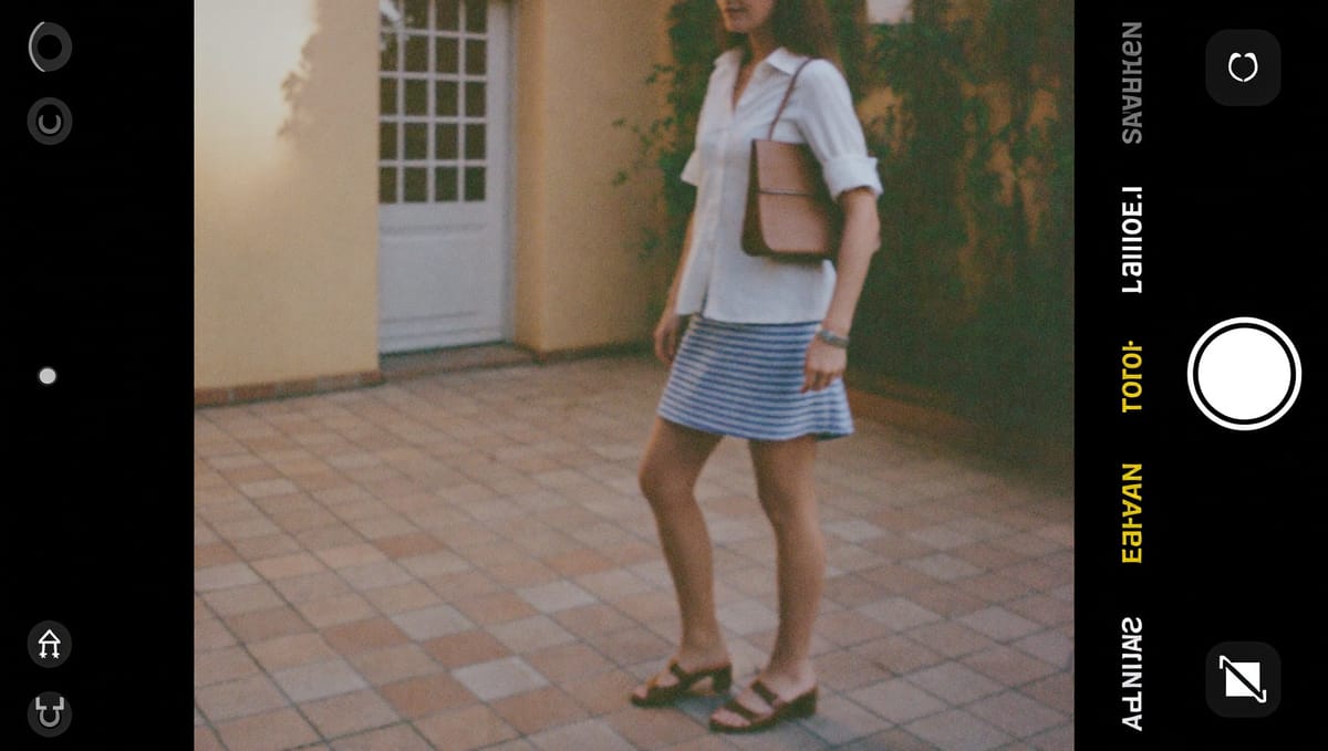 Woman in an ivory linen slip dress and wide-brim straw hat, standing in a sun-drenched courtyard, classic hot weather old money aesthetic
