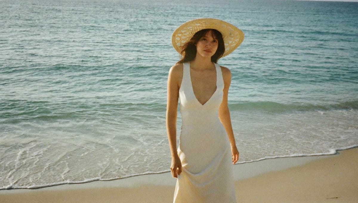 Woman in an ivory linen cover-up and straw hat walking along the shoreline at golden hour, old money beach aesthetic, quiet luxury summer style