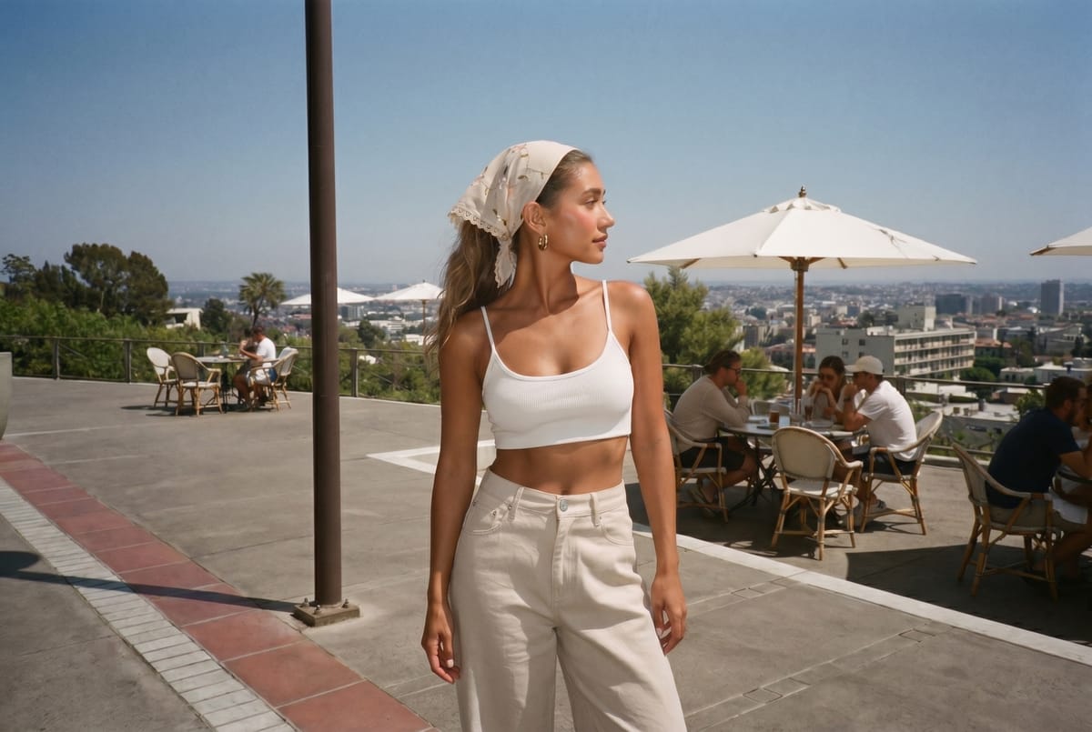 Zara tying a floral mesh bandana into a high ponytail outside a cafe terrace, golden midday sun, white crop tank and ecru linen pants
