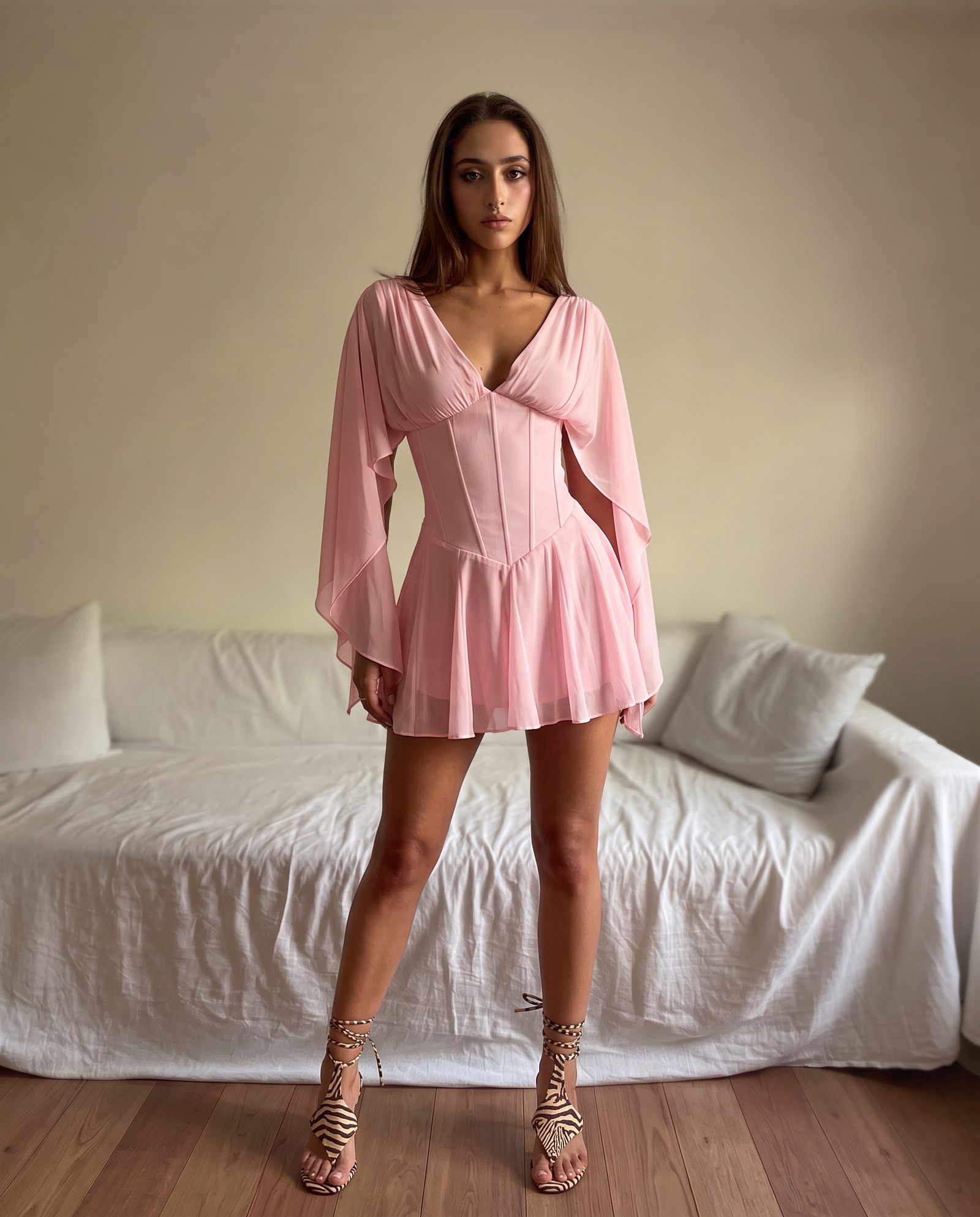 Prettylittlething Baby Pink Petite Baby Pink Corset Waist Chiffon Drape Sleeve Godet Mini Dress | PrettyLittleThing USA