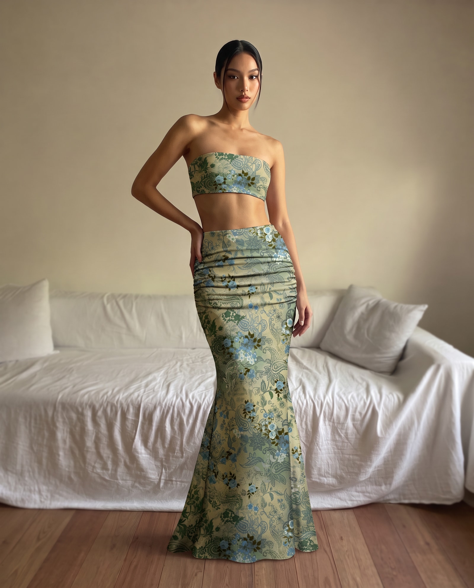 Us ROMWE Fairycore Vintage Hippie Dark Floral Palace Retro Holiday Allover Print Ruched Bodycon Mermaid Skirt For Women | SHEIN USA