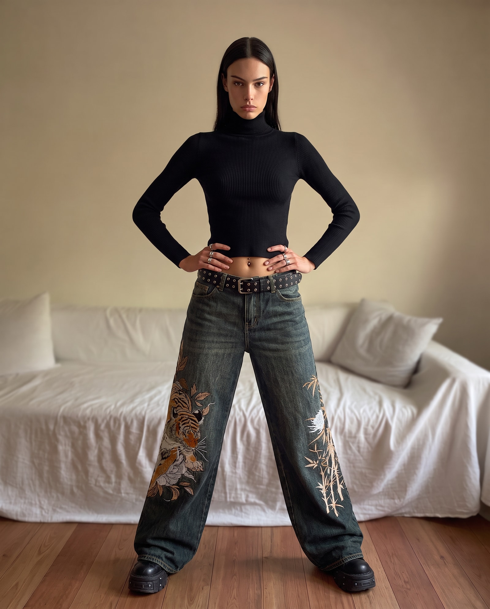 Us ROMWE Grunge Punk Spring Casual Graphic Unisex Retro Street-Style Chinese Tiger &amp; Floral Embroidery Loose Wide-Leg Jeans | SHEIN USA