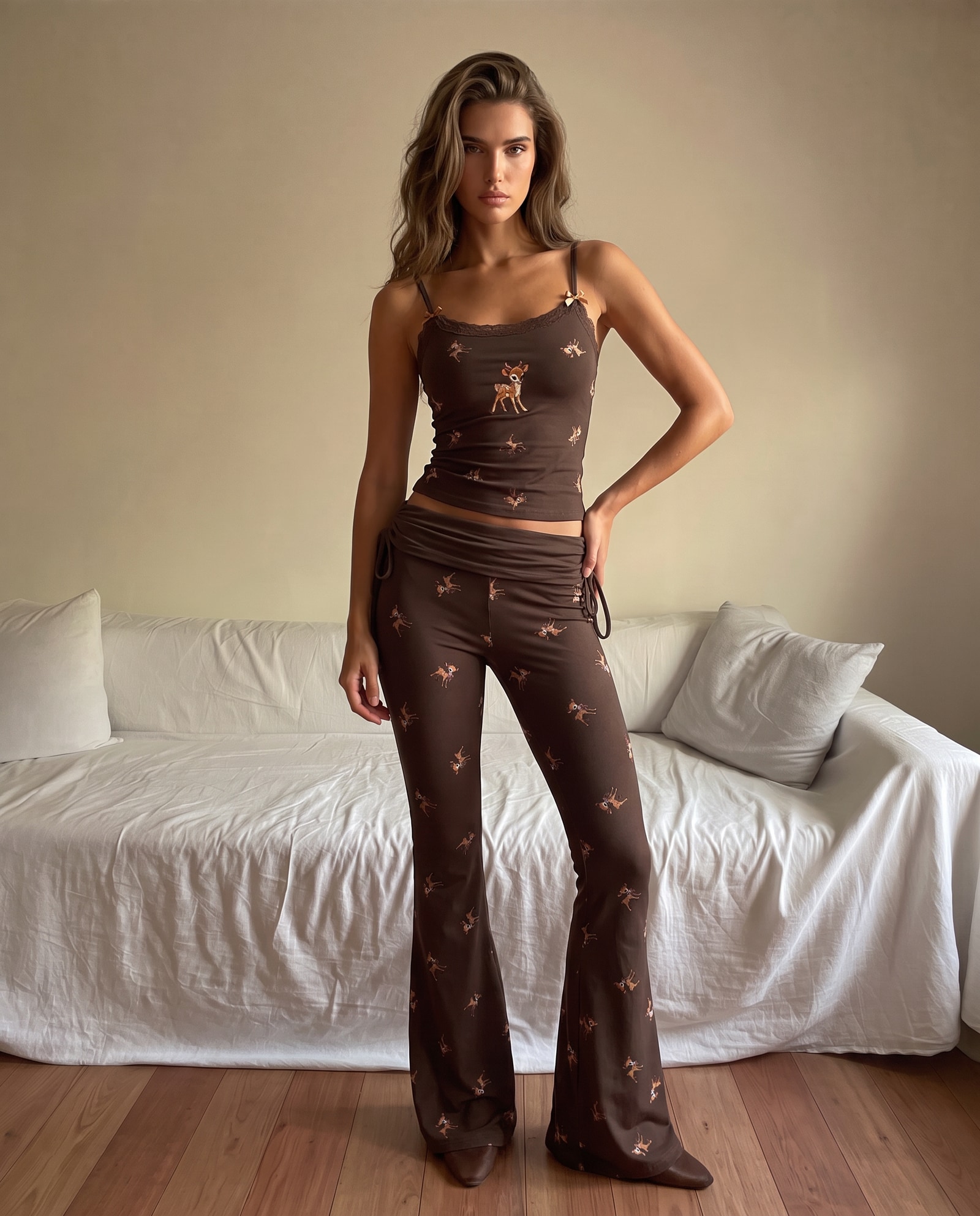 Us ROMWE J-Fashion Cute Deer Embroidered Lace Top Paired With Deer Print Flare Pants | SHEIN USA