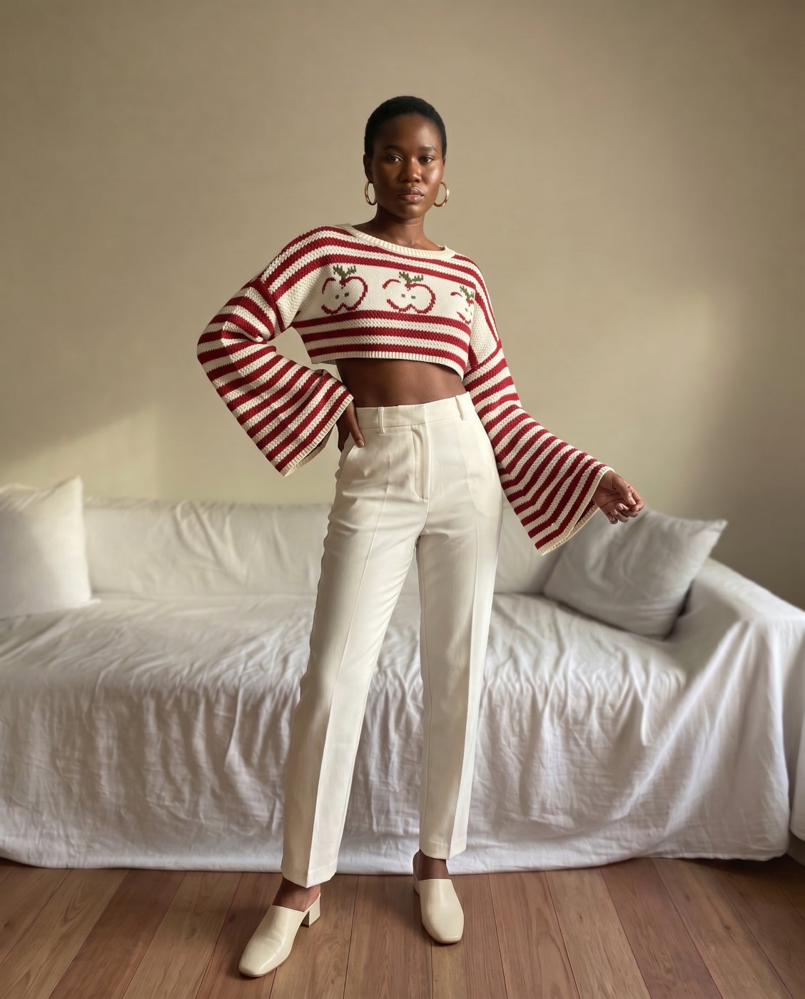 Us ROMWE Kawaii Spring Casual Graphic Red Cute Mori Style Apple Pattern Cropped Loose Flare Sleeve Sweater | SHEIN USA